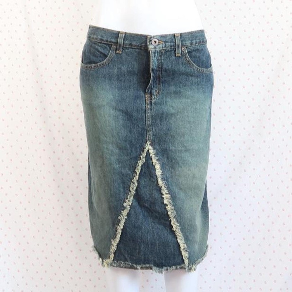 y2k low rise denim midi skirt distressed split